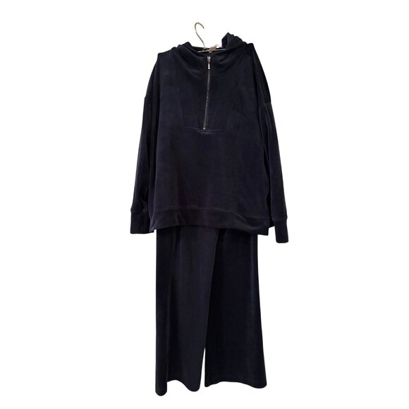 Cable & Gauge Studio Navy Velour Tracksuit w Half-Zip Hoodie & Wide-Leg Pants - Picture 1 of 9